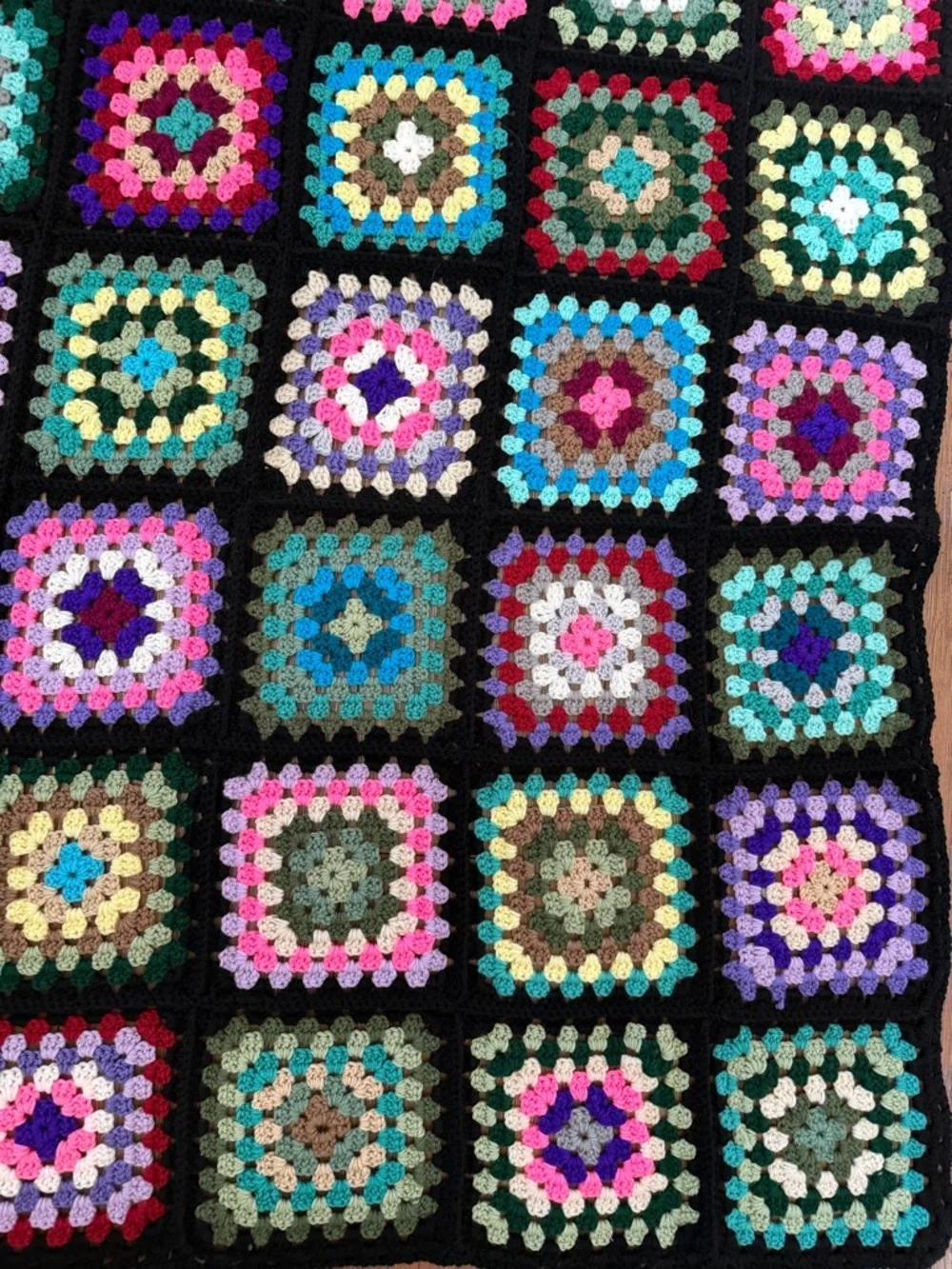 Handmade Vintage Style Black Trim Granny Square Afghan Roseanne Couch Blanket